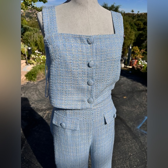 Jason Wu Tweed Matching Set Pant and Crop Top Button-Down Light Blue | Size 8 - Picture 2 of 5